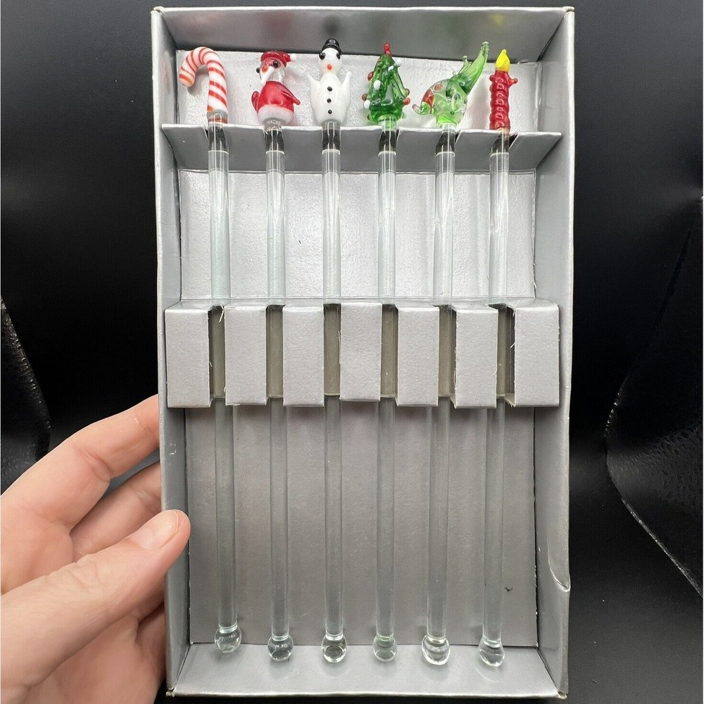X-Mas Swizzle Sticks Blown Glass 8" Lot of 6 Candle Tree Reindeer Santa Snowman